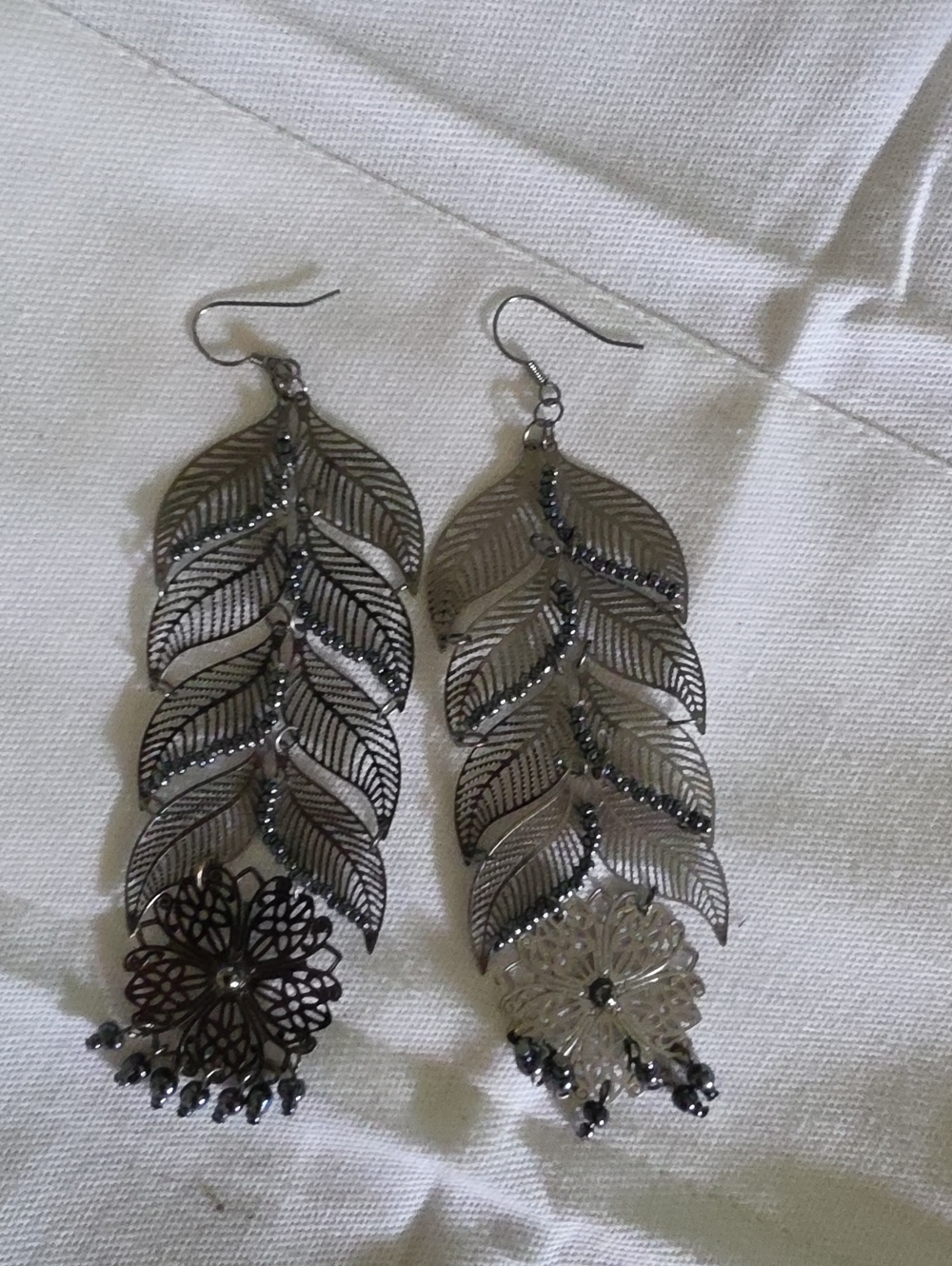 Boho Gunmetal Filigree Tiered Leaf Dangle Drop Earrings Mandala Beaded Fringe